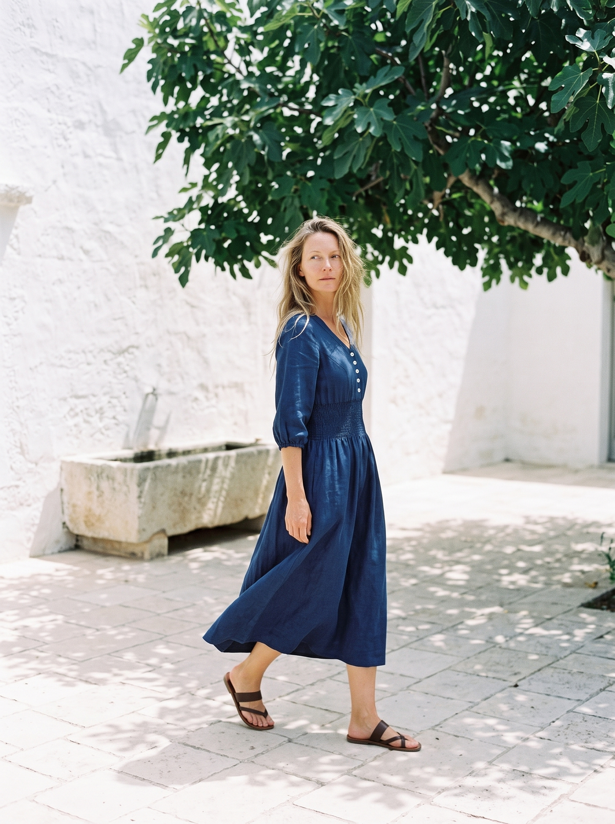 Smocked Waist Linen Midi Dress in indigo linen
