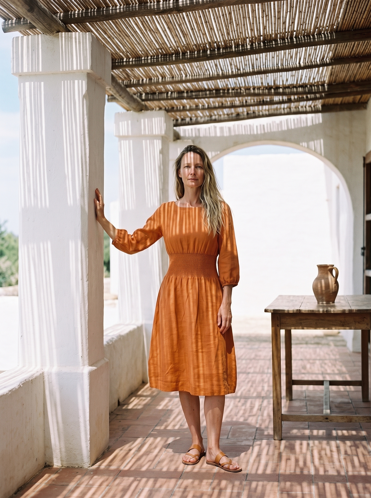 Boat Neck Smocked Linen Dress in orange linen
