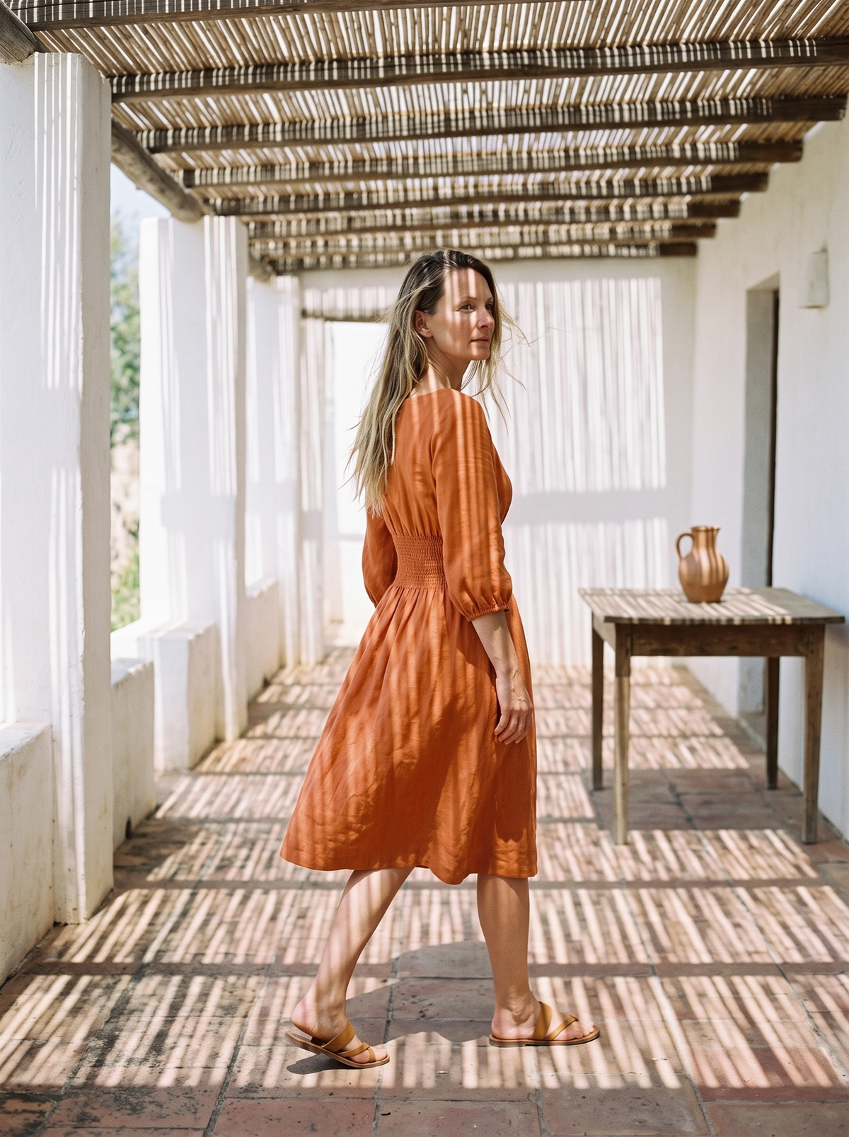 Boat Neck Smocked Linen Dress in orange linen