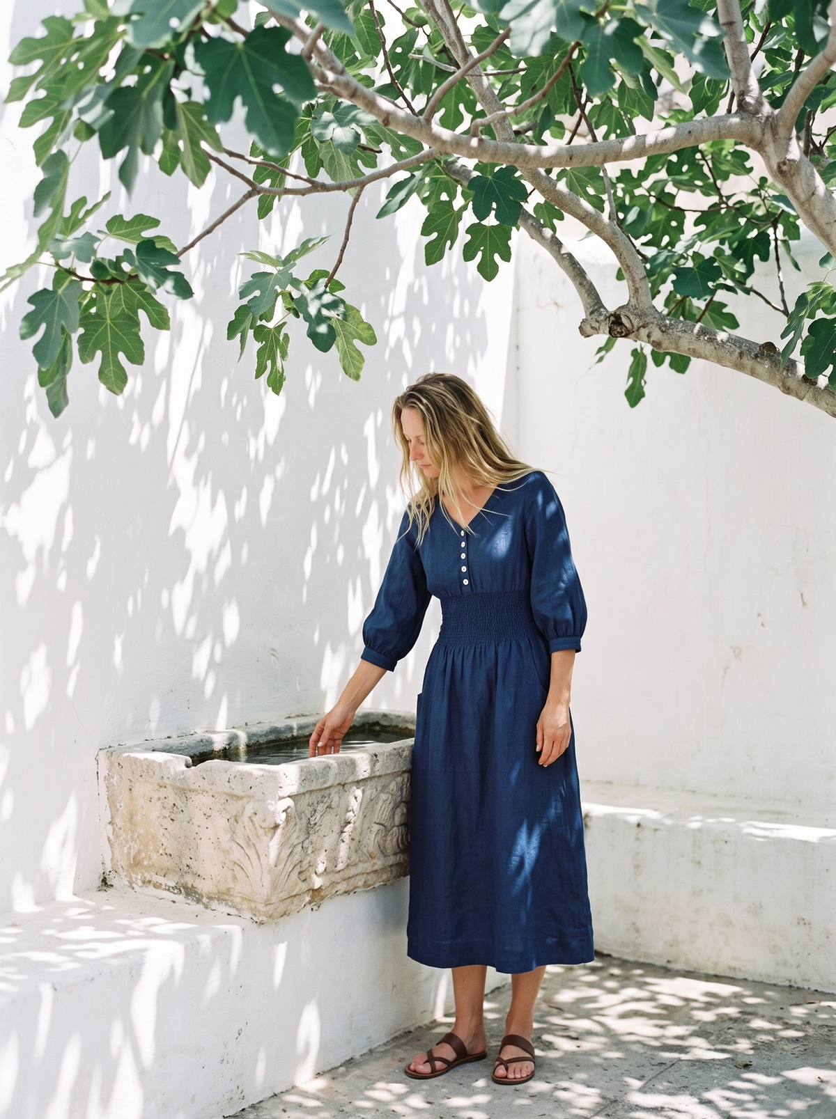 Smocked Waist Linen Midi Dress in indigo linen