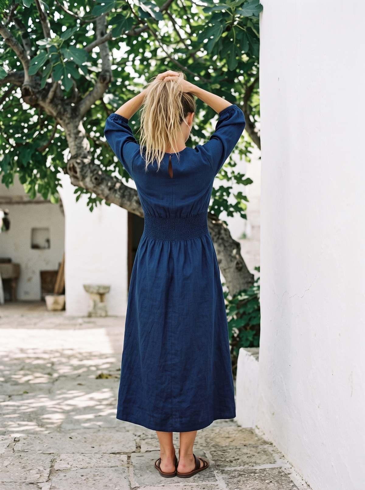 Smocked Waist Linen Midi Dress in indigo linen