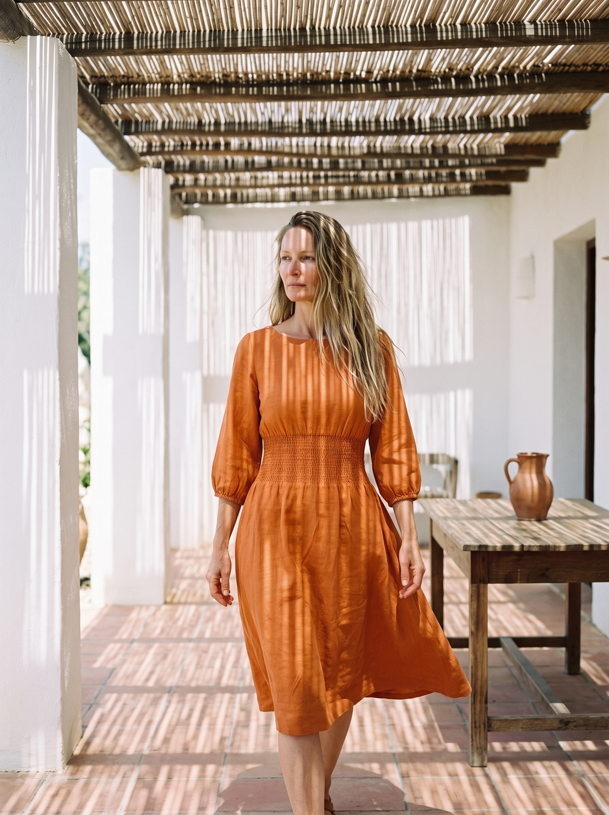 Boat Neck Smocked Linen Dress in orange linen