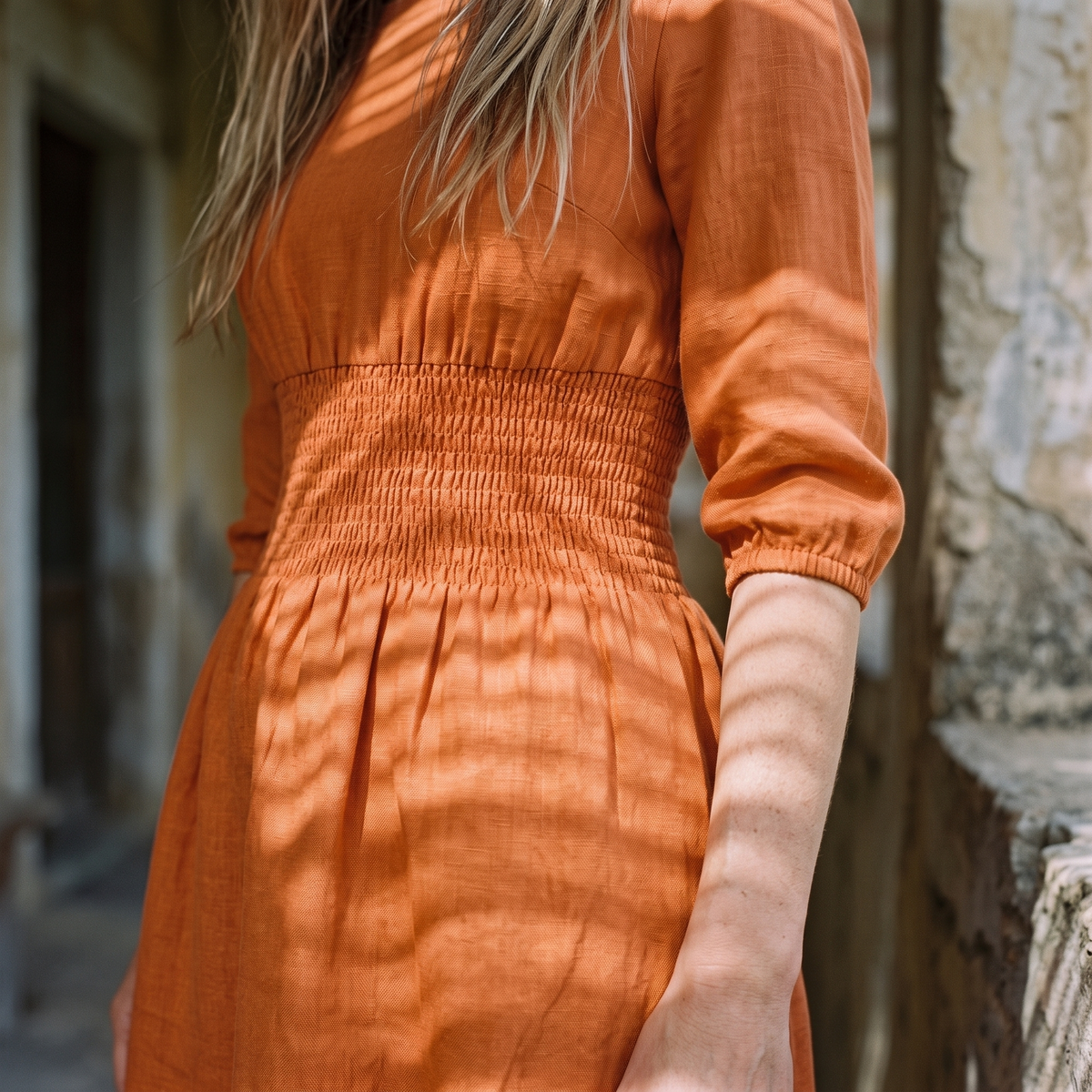 Boat Neck Smocked Linen Dress in orange linen