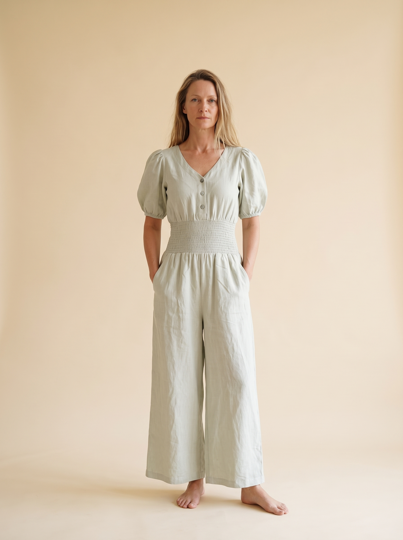 Smocked Waist Linen Jumpsuit