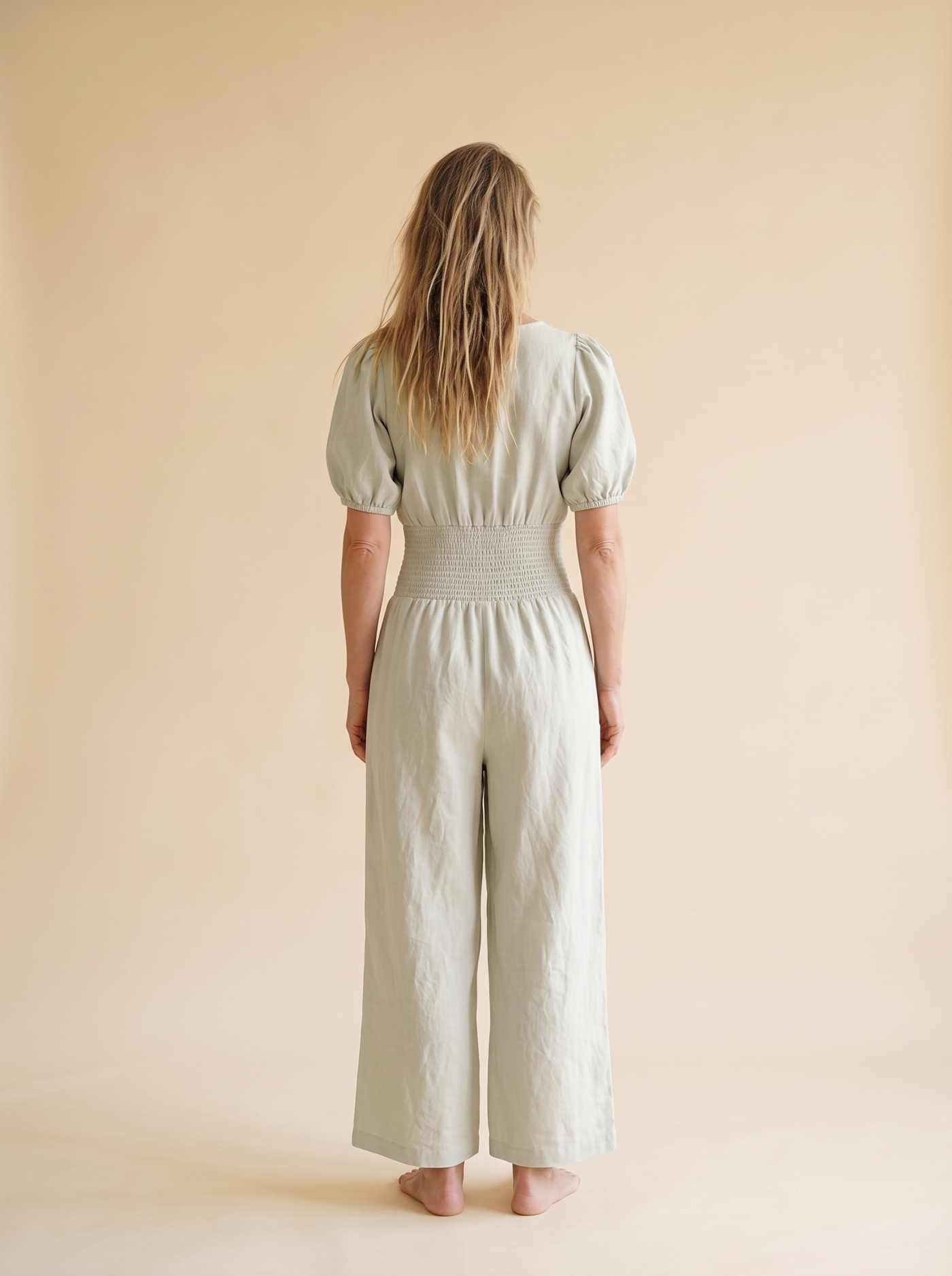 Smocked Waist Linen Jumpsuit