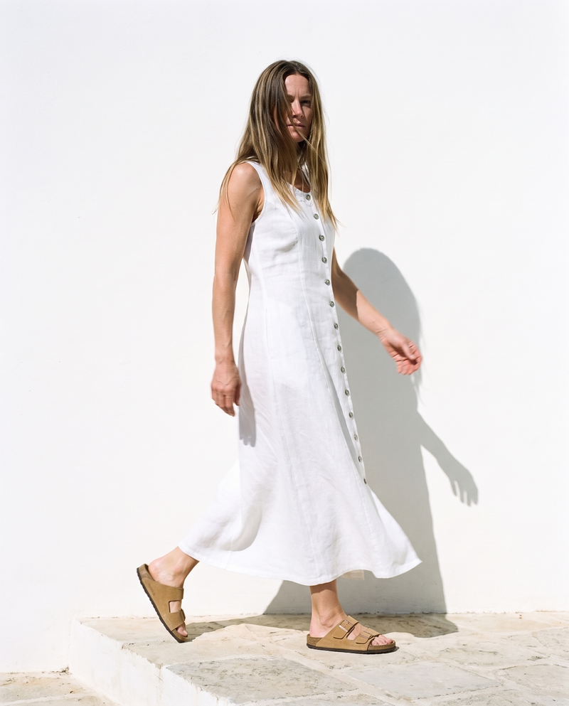 Button Front Linen Midi in white