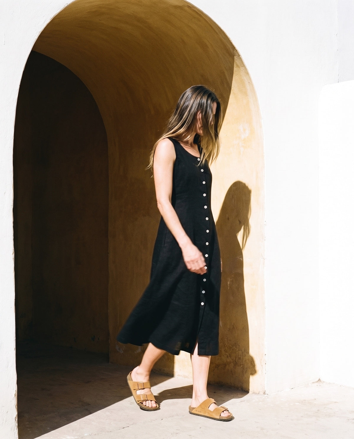 Button Front Linen Midi in black
