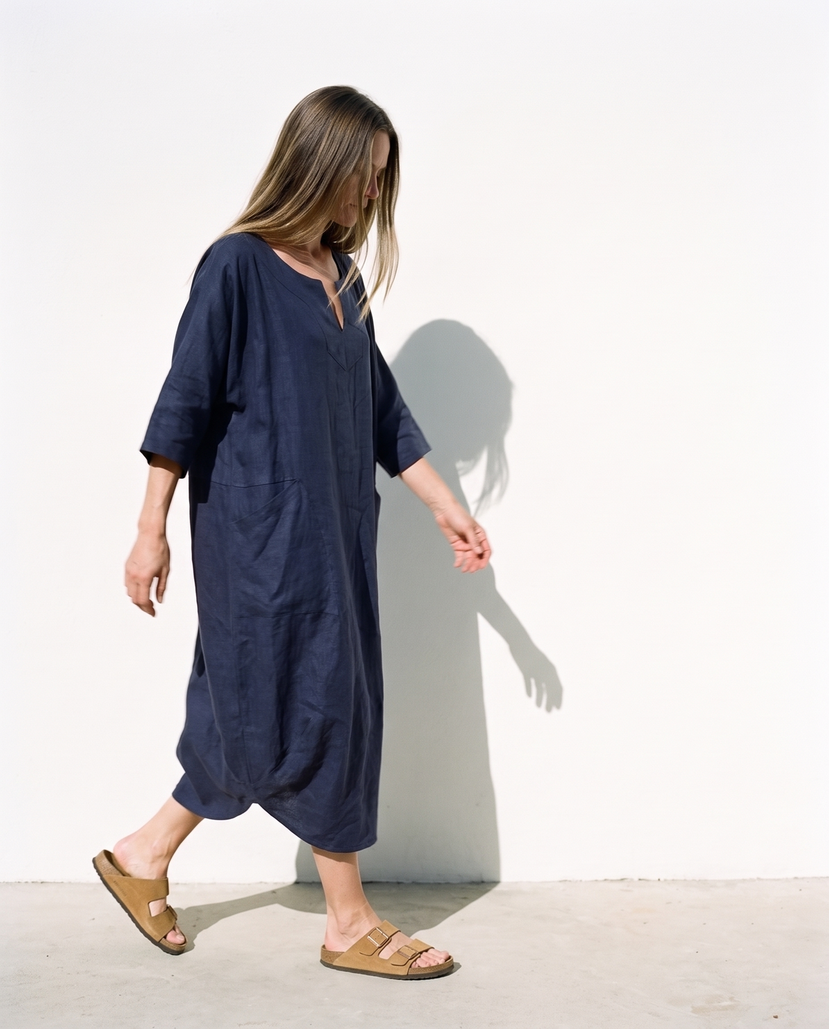 Batwing Linen Kaftan in navy