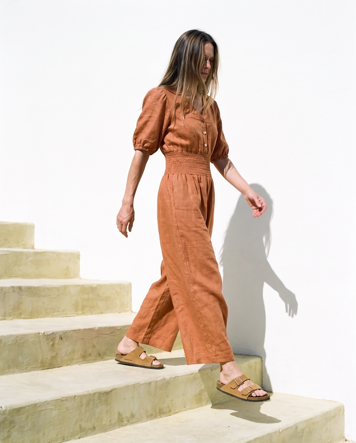 Button Front Linen Maxi Jumpsuit