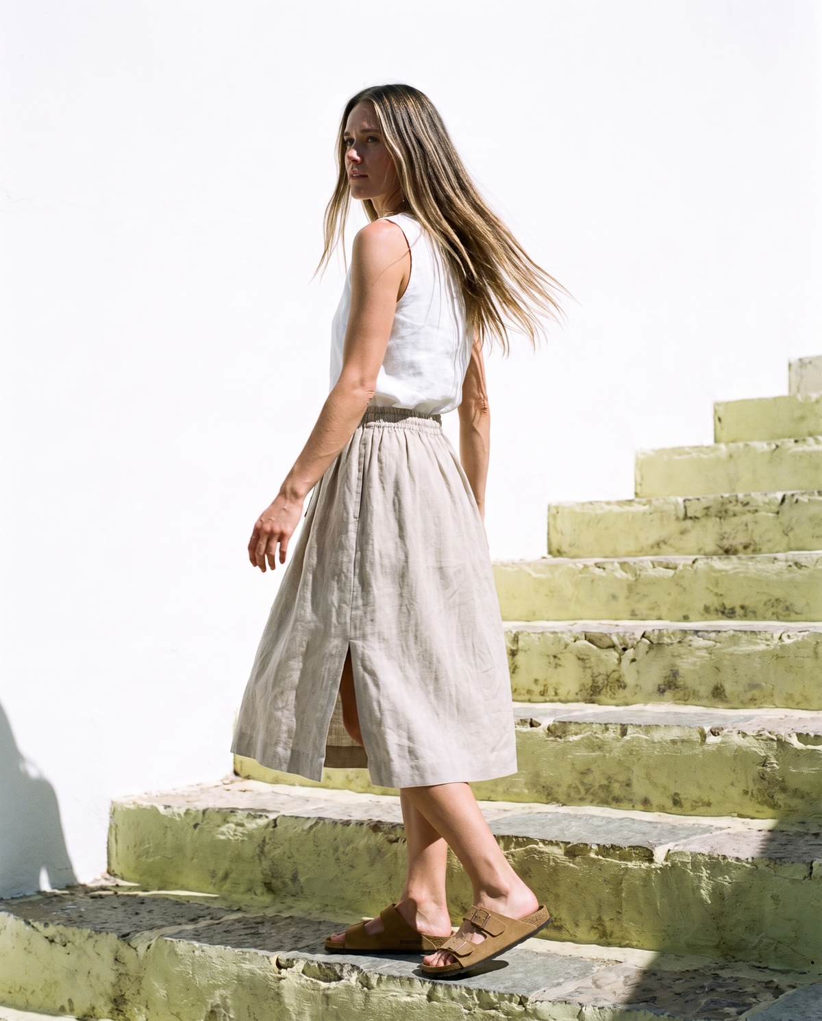 Gathered Linen Midi Skirt Natural in washed linen, Ellementree