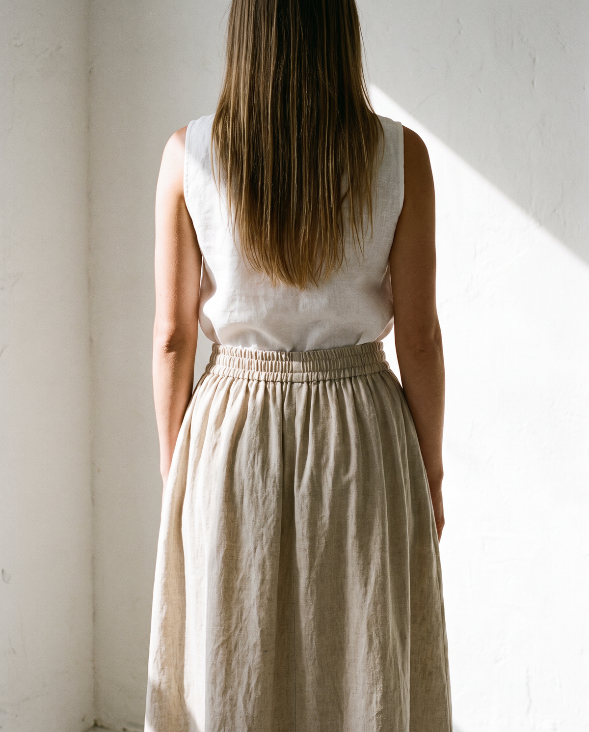 Gathered Linen Midi Skirt Natural in washed linen, Ellementree