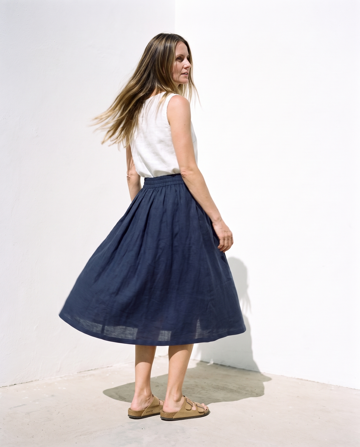 Gathered Linen Midi Skirt Navy in washed linen, Ellementree