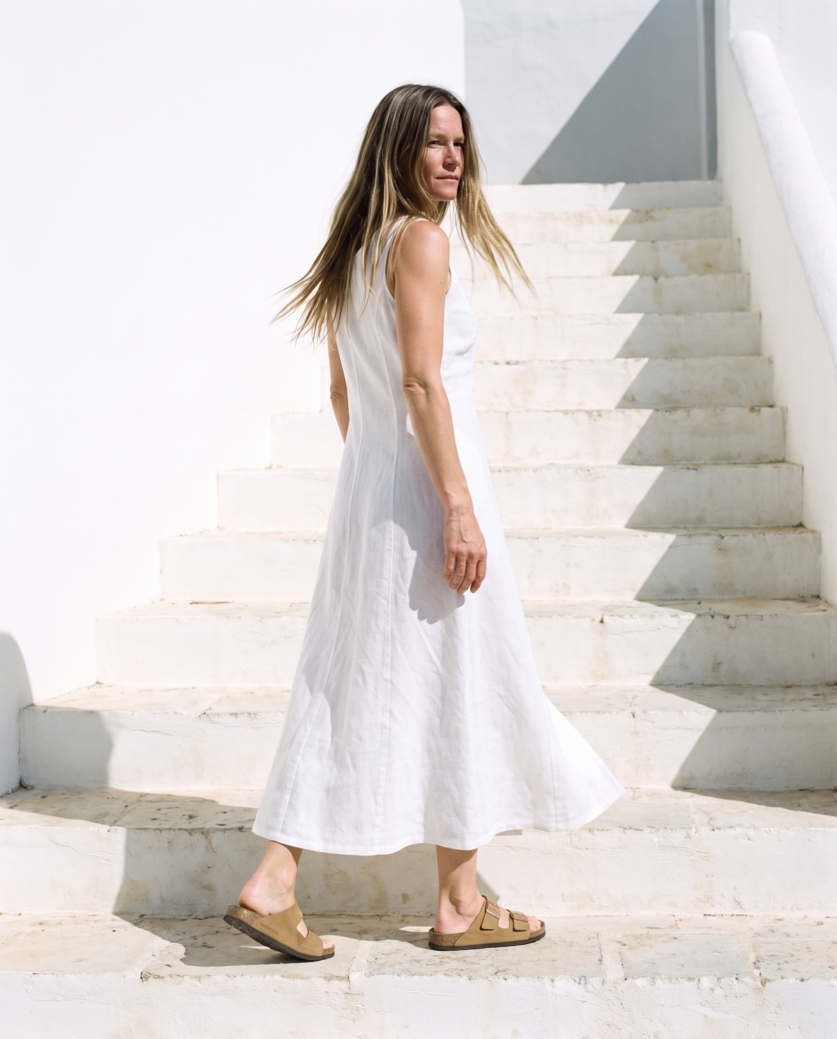 Button Front Linen Midi in white