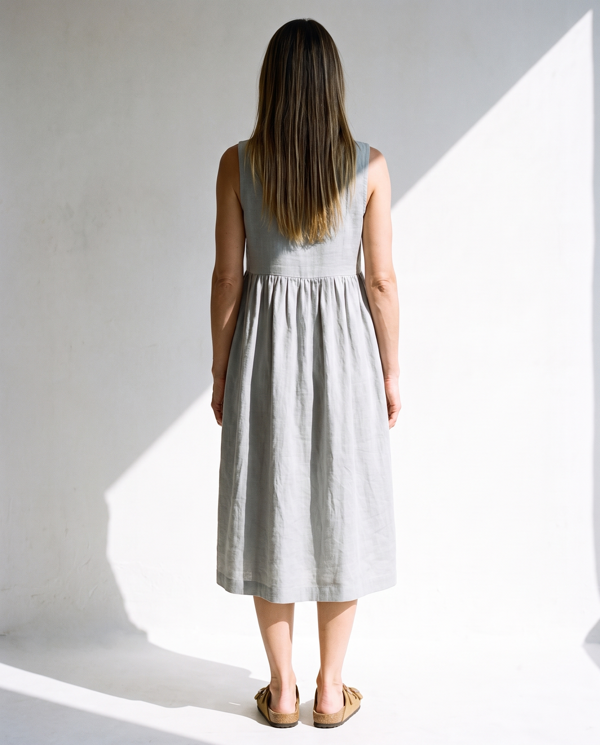 Button Front Gathered Midi in light grey