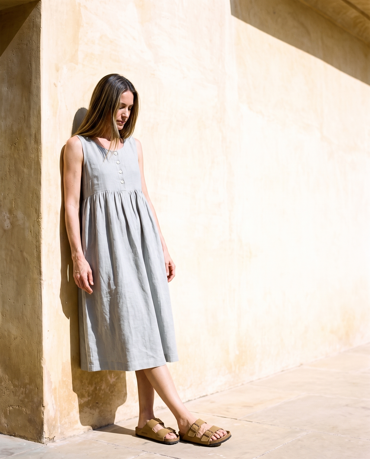 Button Front Gathered Midi in light grey