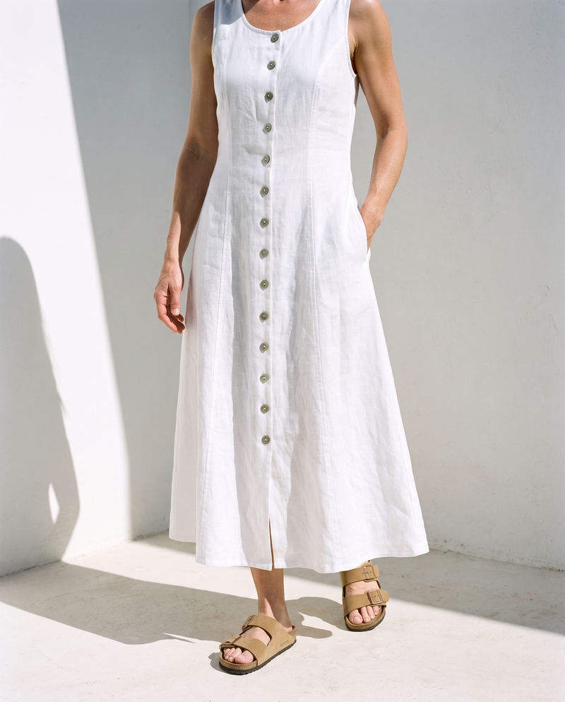 Button Front Linen Midi in white