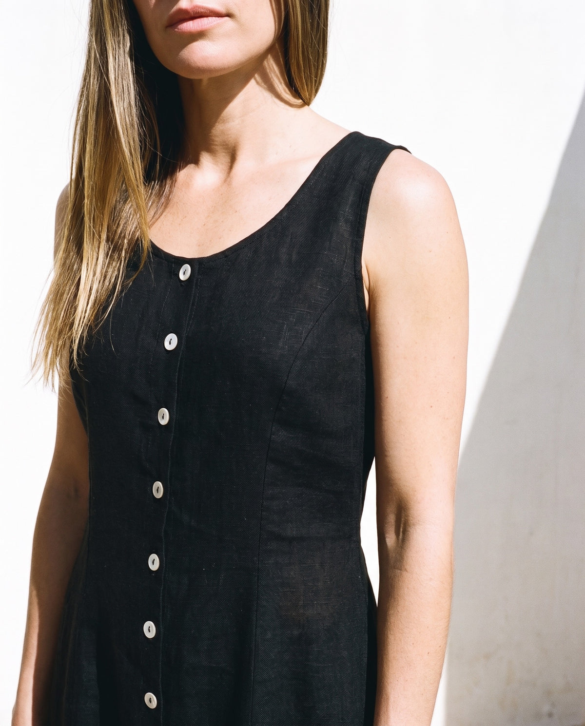 Button Front Linen Midi in black