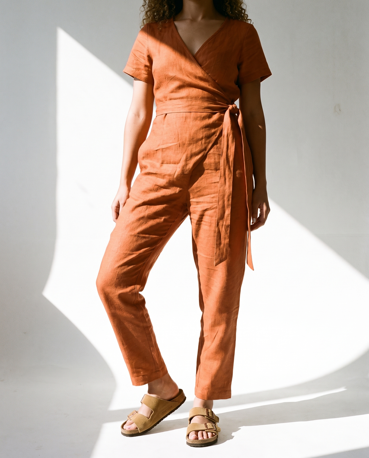 Wrap Linen Jumpsuit in cinnamon