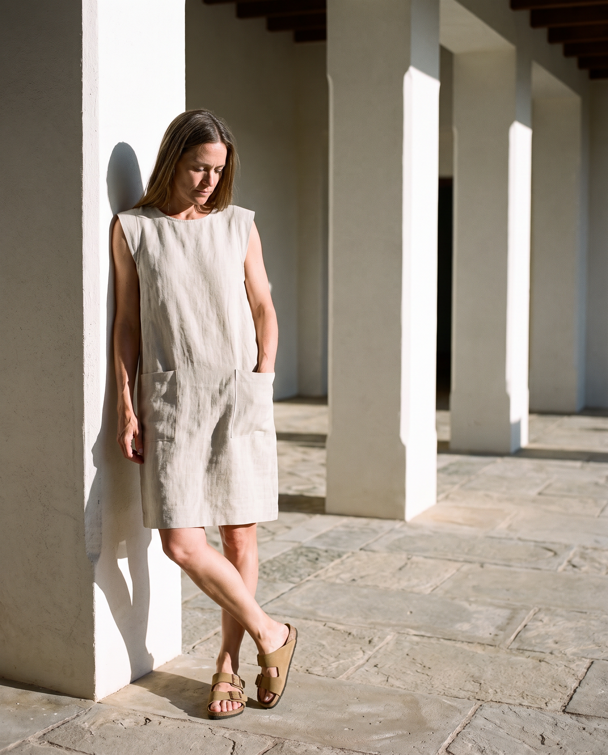 Patch Pocket Sleeveless Linen Shift Dress PIA
