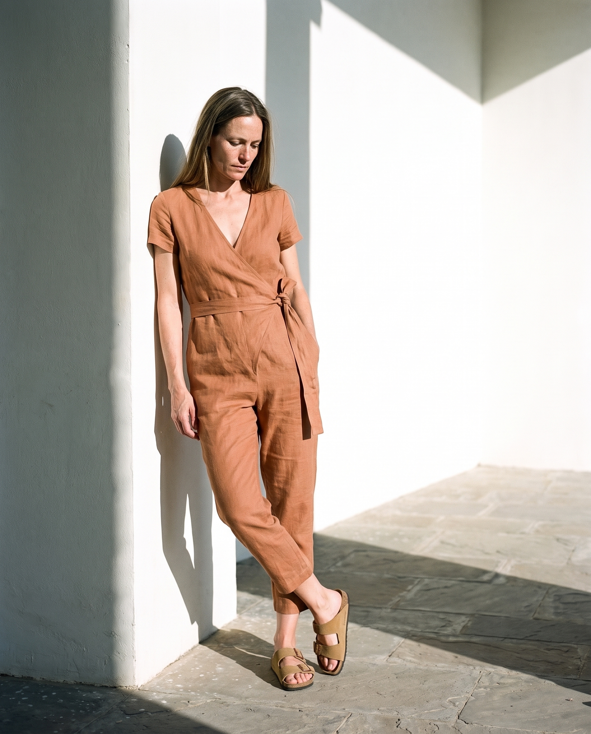 Wrap Linen Jumpsuit in clay