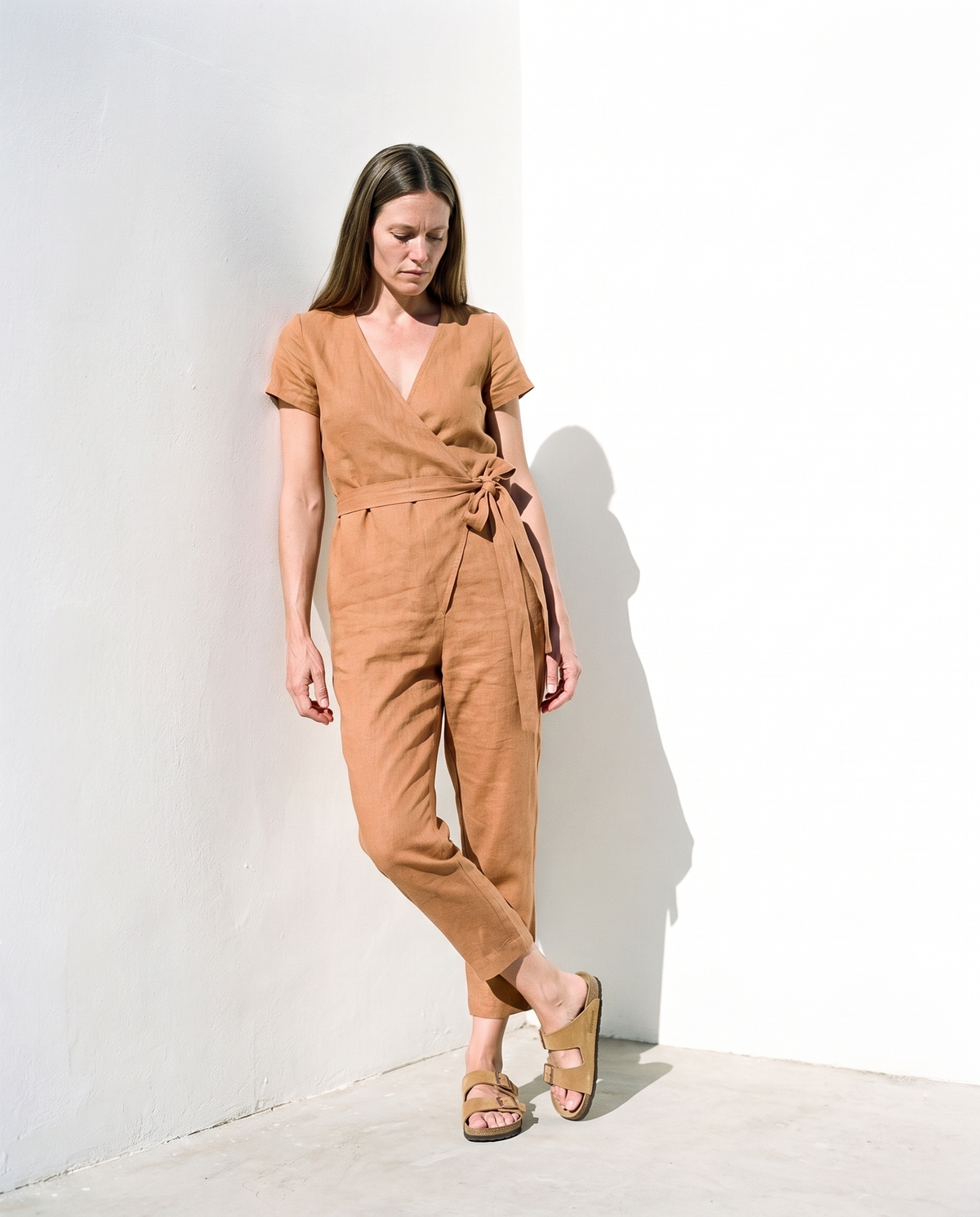 Wrap Linen Jumpsuit in camel