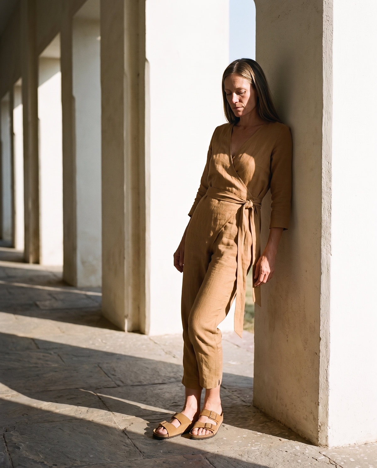Wrap Linen Jumpsuit in ochre
