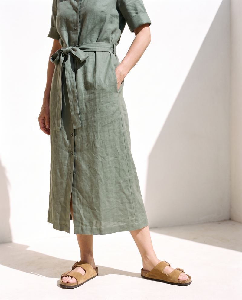 Linen Shirt Dress in moss