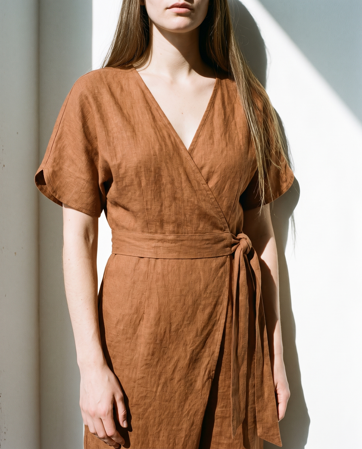 Wrap Linen Jumpsuit in cinnamon