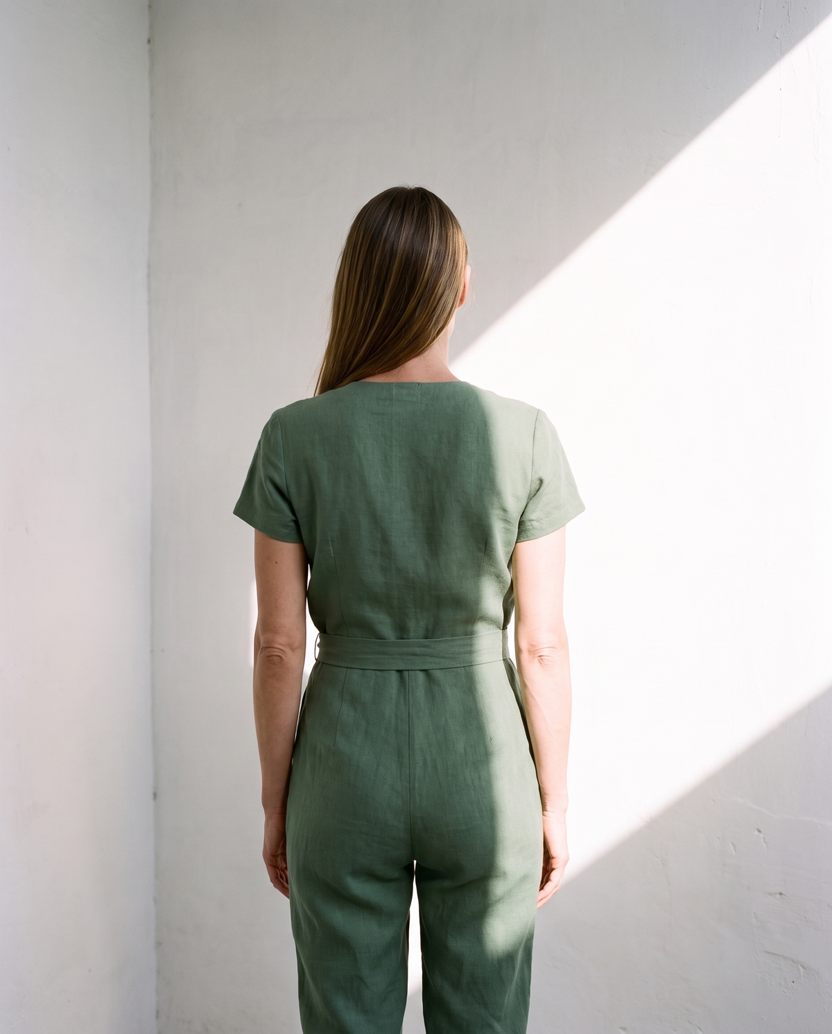 Wrap Linen Jumpsuit in moss