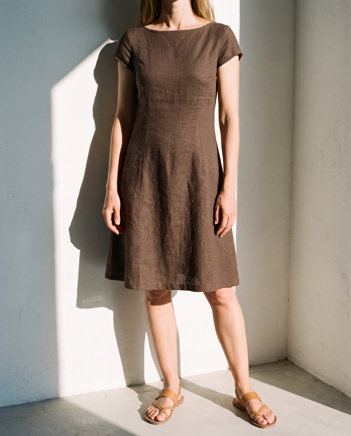 Cap Sleeve Linen Dress, close view of the front
