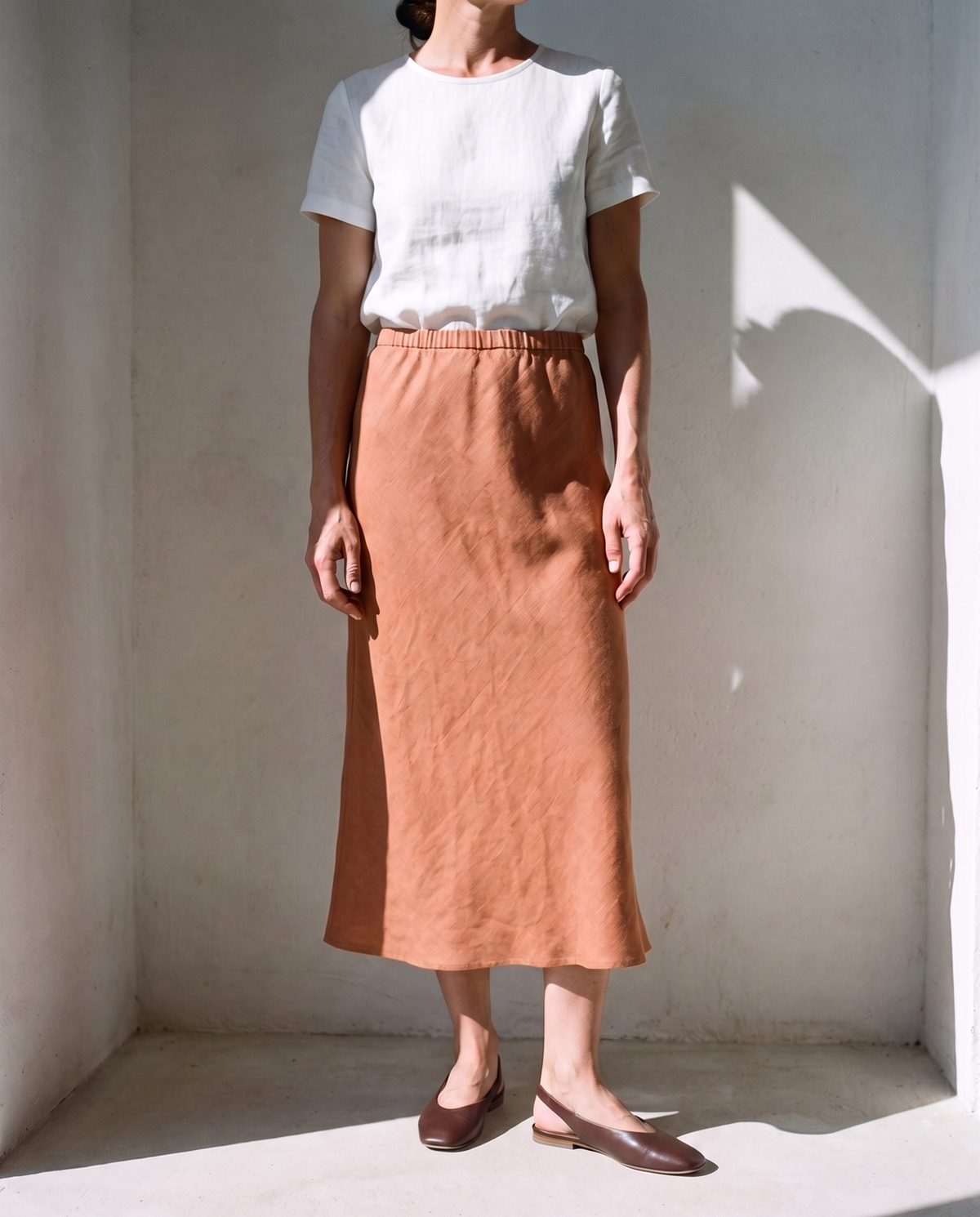 Marta Slip Skirt in clay, close view of the front