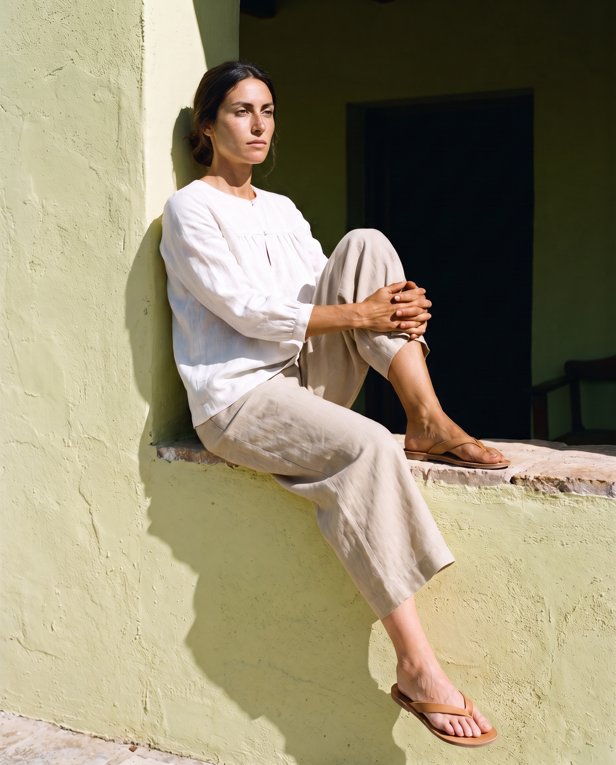 Carla Culottes in natural, styled with the gathered yoke blouse