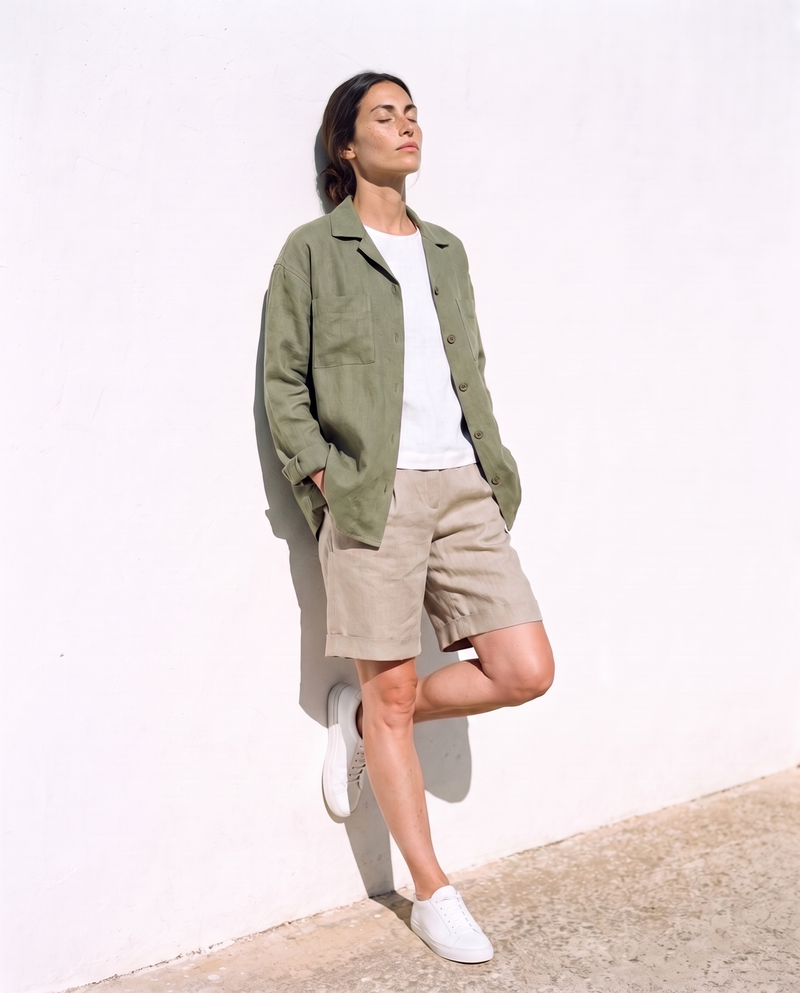 Rita Overshirt in moss, styled over a T-shirt with Bermuda shorts