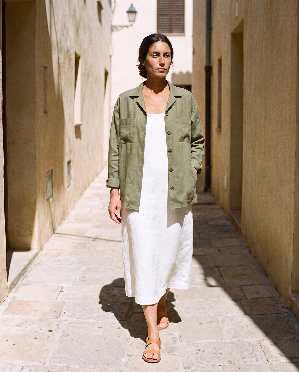 Rita Overshirt in moss, styled open over a white linen dress