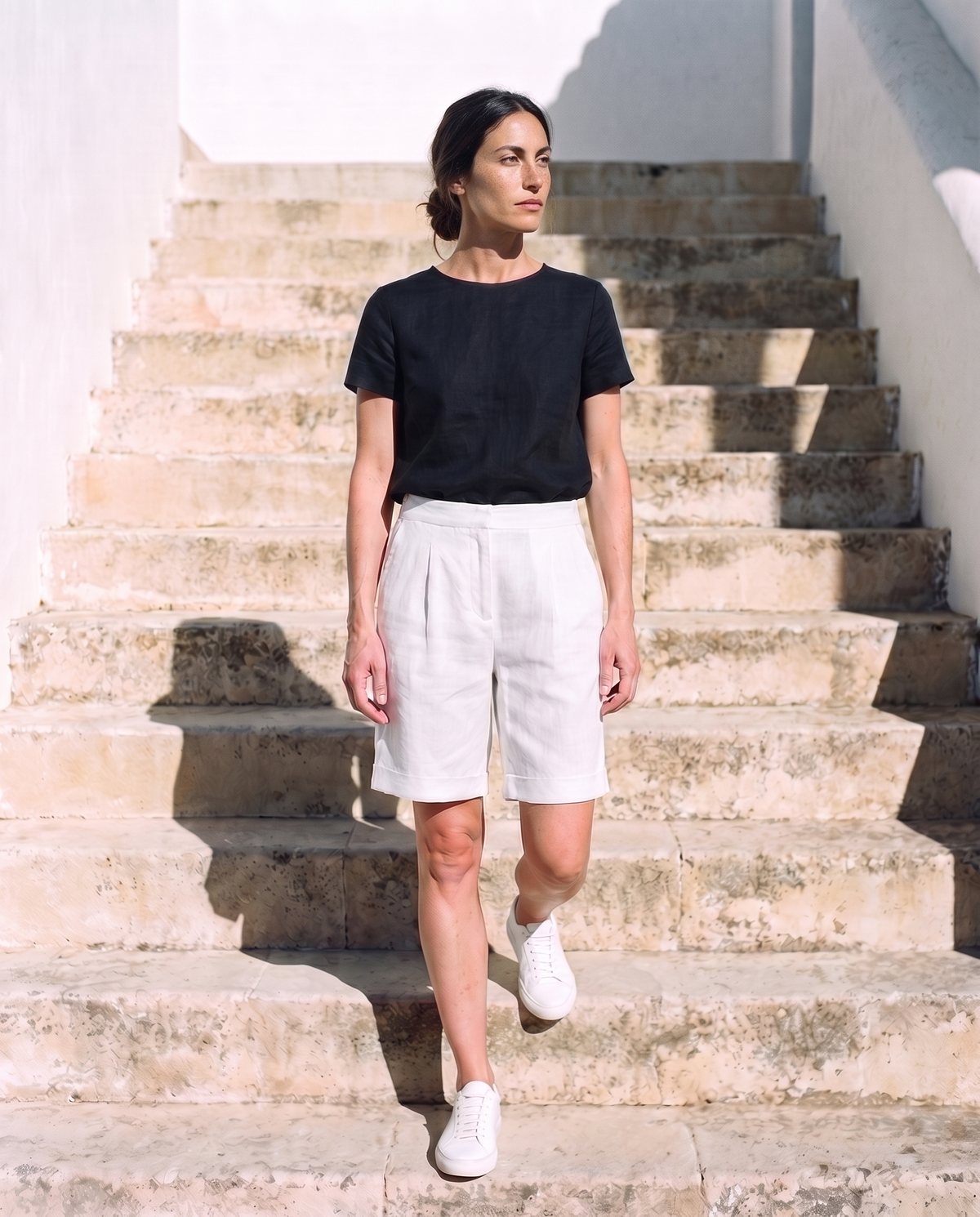 Rosa Shorts in white, half a step forward, looking away