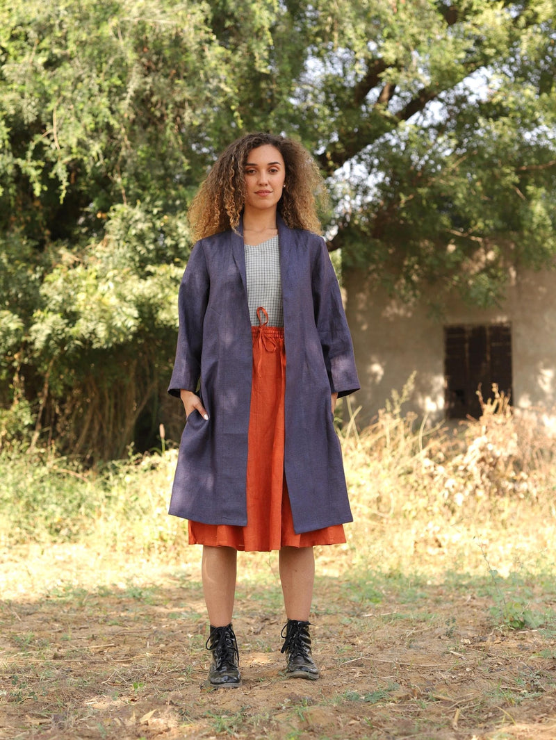 Long Linen Duster Coat in navy blue linen, front, worn open over a skirt