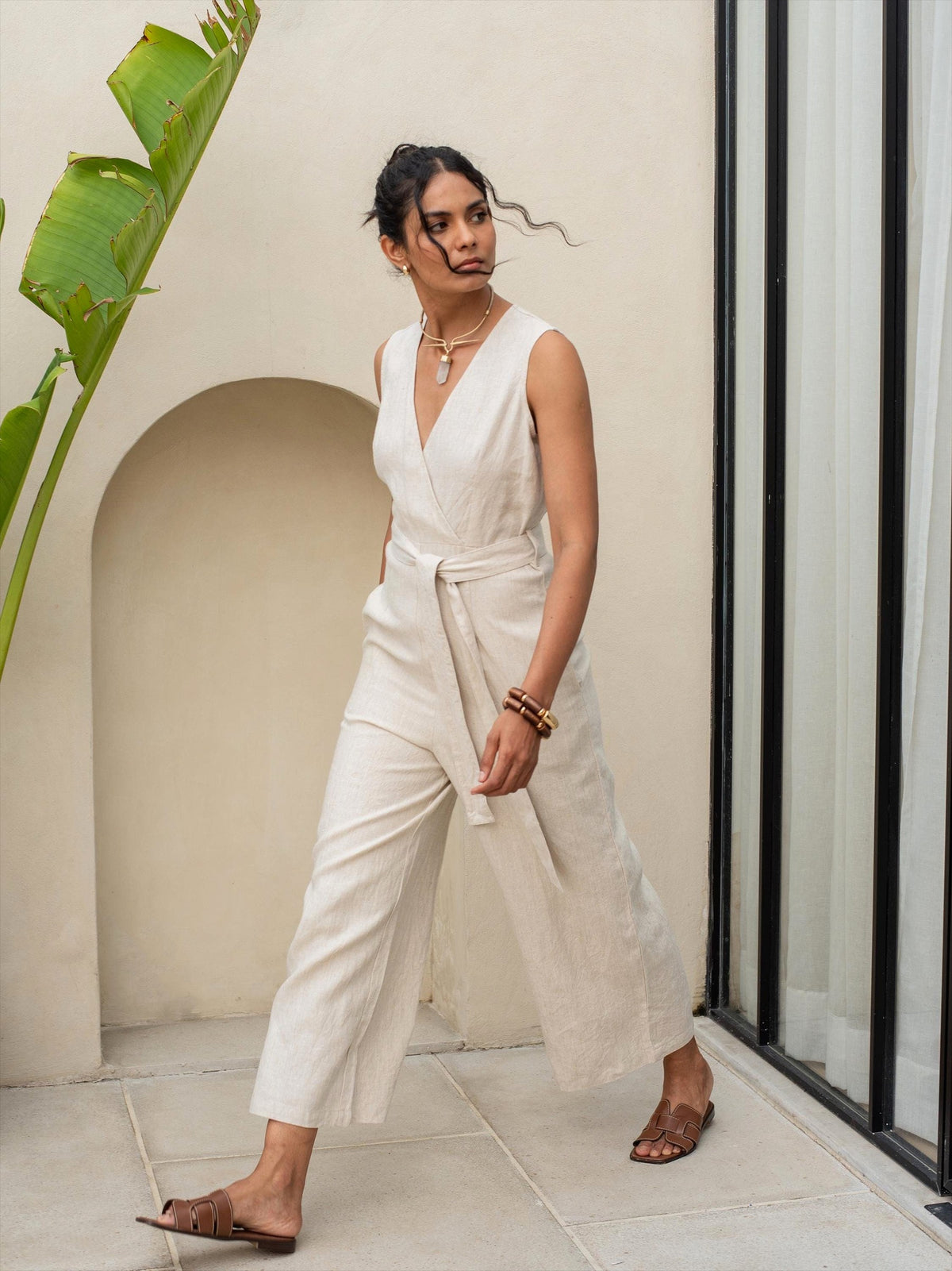 Sleeveless Wrap Linen Jumpsuit in natural washed linen, Ellementree