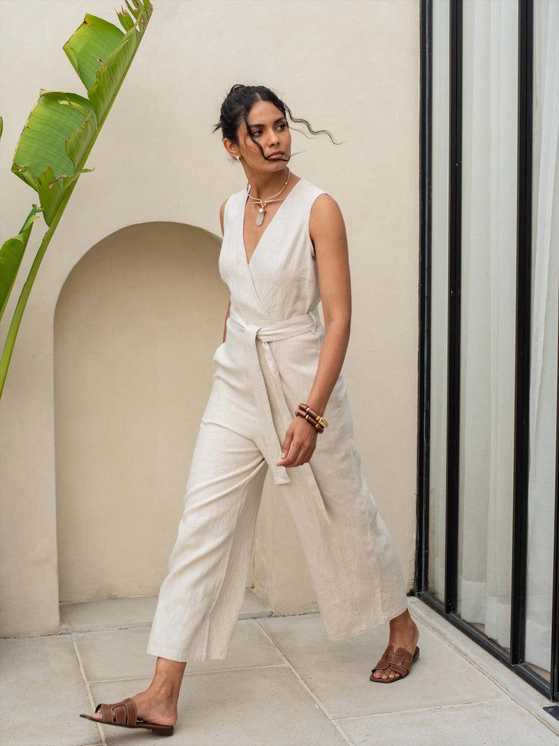 Sleeveless Wrap Linen Jumpsuit in natural washed linen, Ellementree