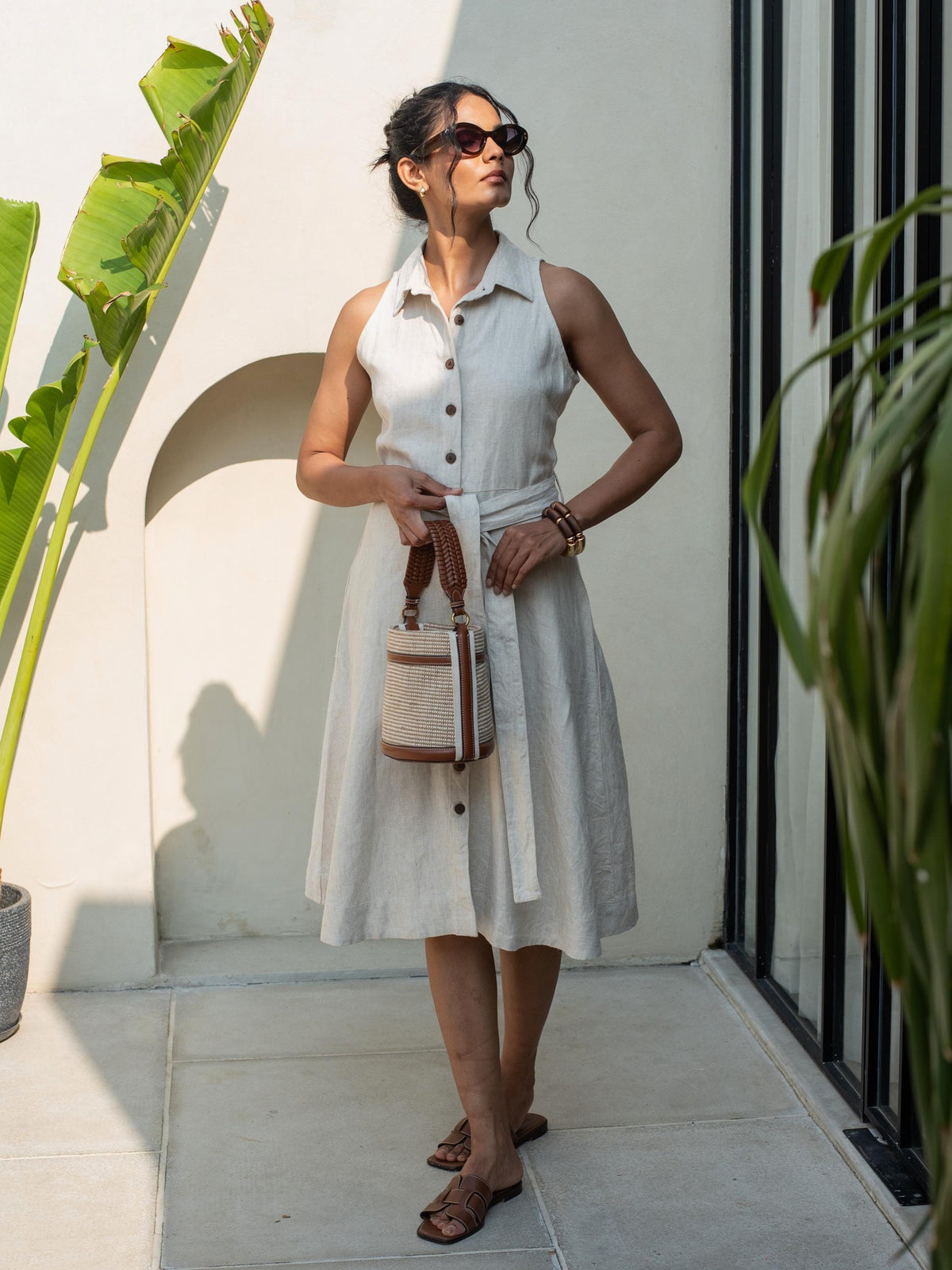 Belted Sleeveless Shirt Dress in natural washed linen, Ellementree
