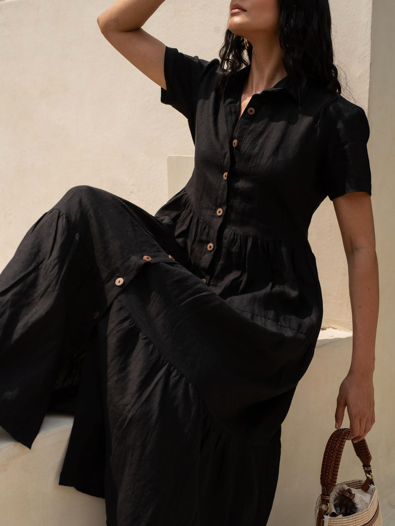 Tiered Linen Shirt Dress in washed linen, Ellementree