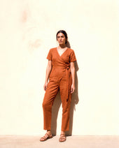 Cinnamon Wrap Linen Jumpsuit in cinnamon