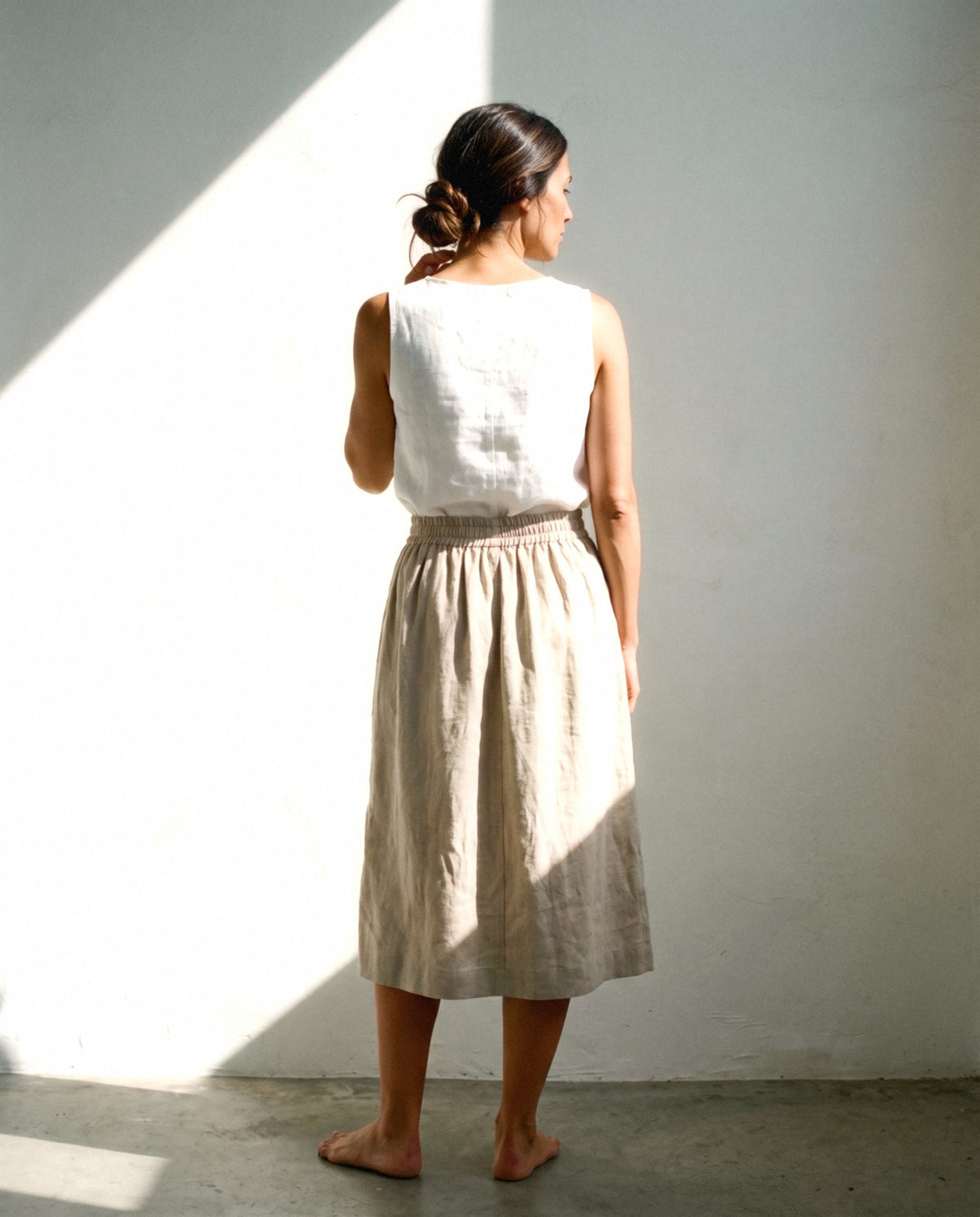 Gathered Linen Midi Skirt in natural, back view
