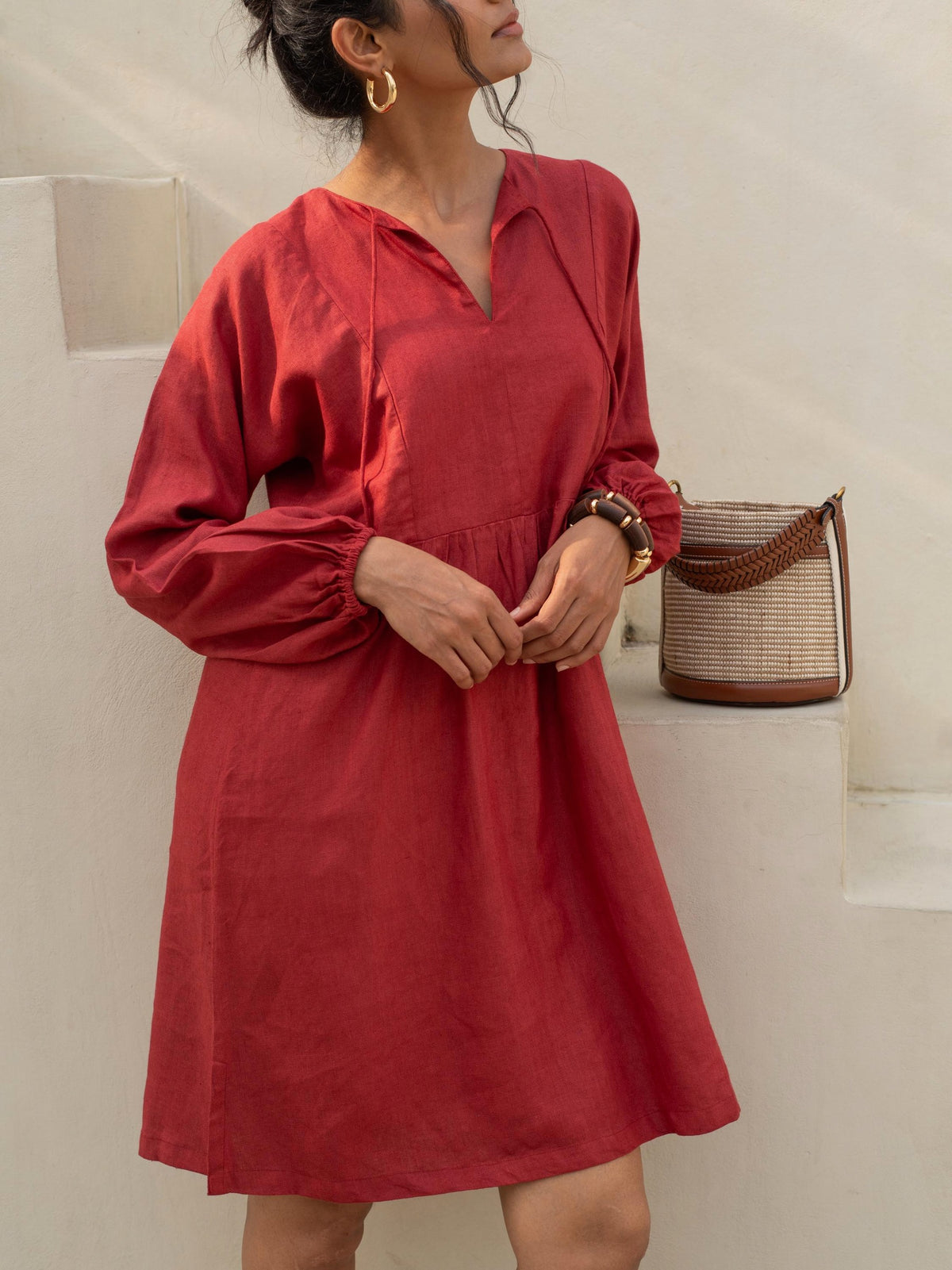 Tie Neck Linen Tunic Dress in brick red washed linen, Ellementree