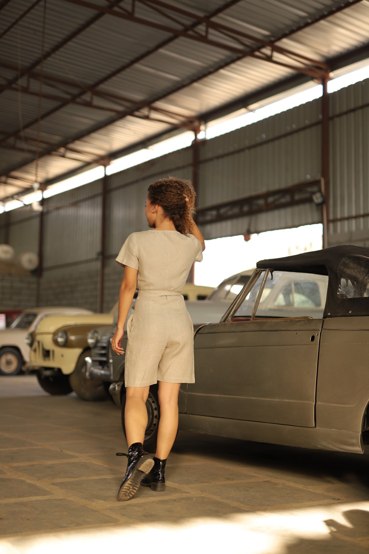 Sand linen playsuit in washed linen, photographed in Jaipur