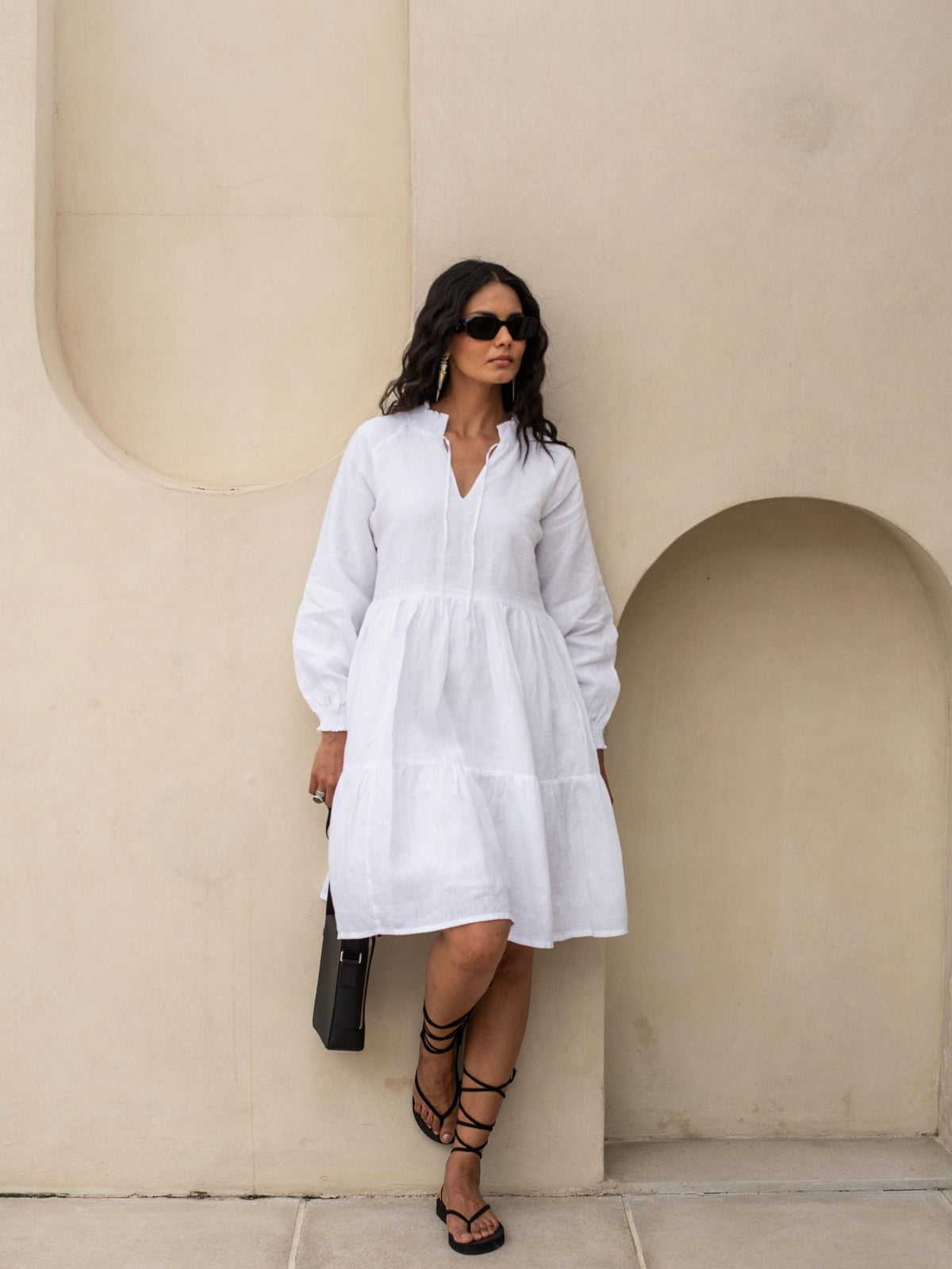Short Tiered Linen Dress in white washed linen, Ellementree