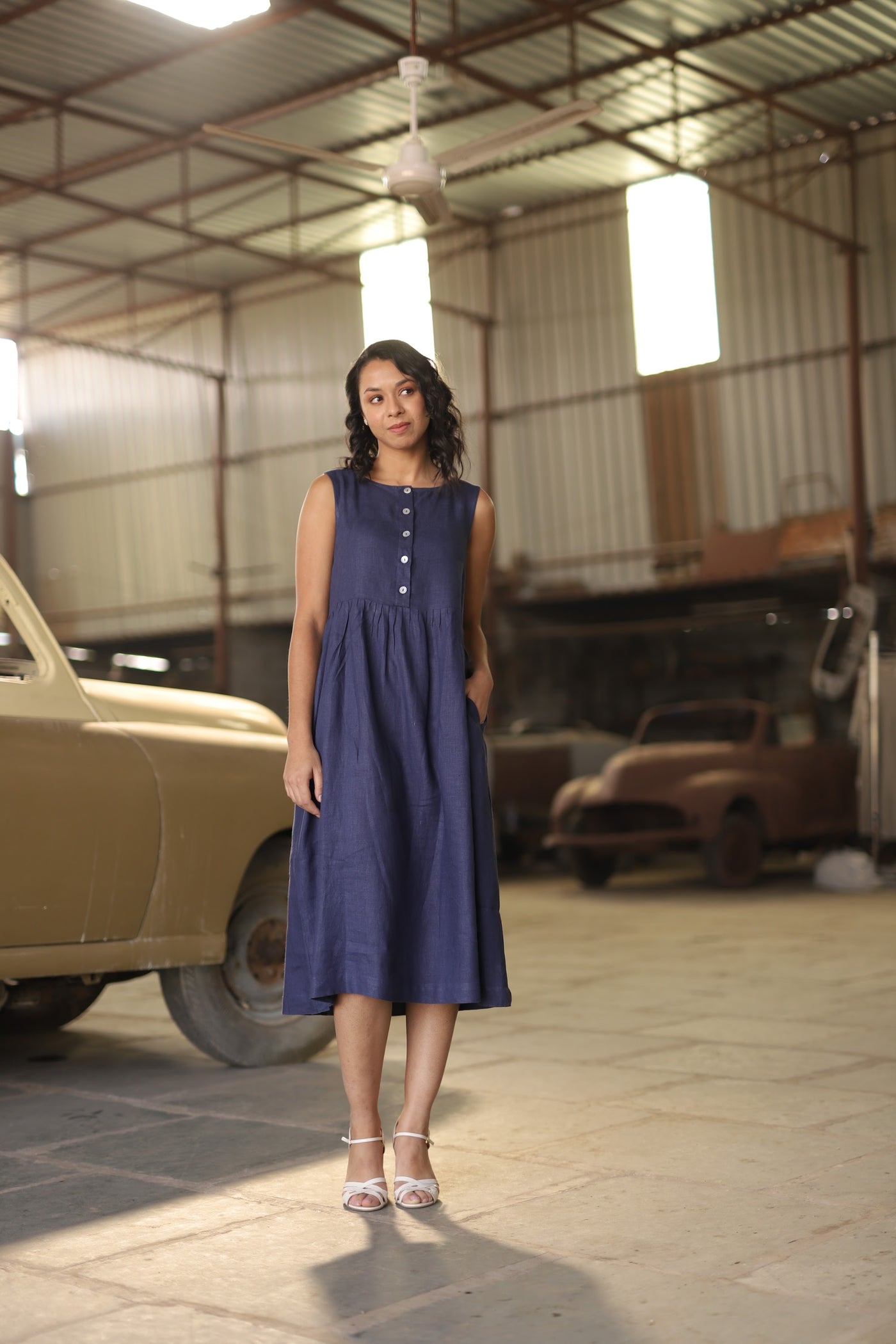 Navy button front gathered midi in washed linen, photographed in Jaipur