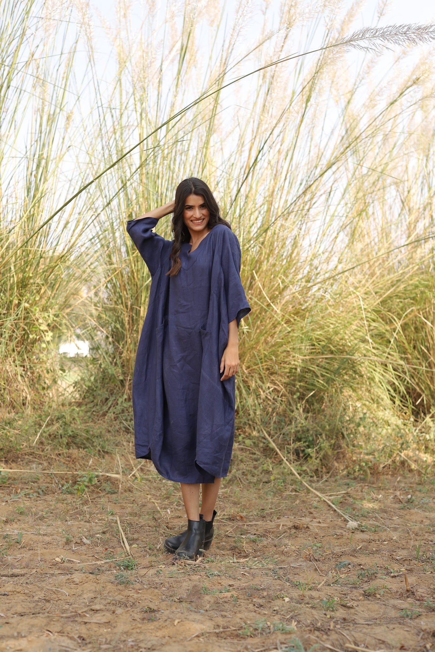 Navy batwing linen kaftan in washed linen, photographed in Jaipur
