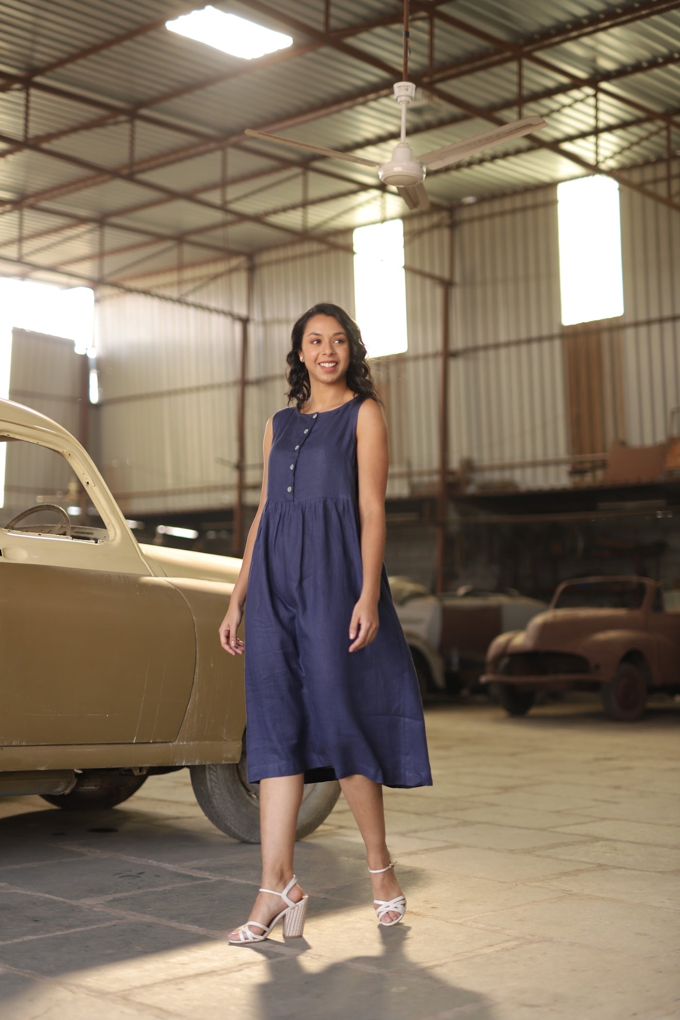 Navy button front gathered midi in washed linen, photographed in Jaipur