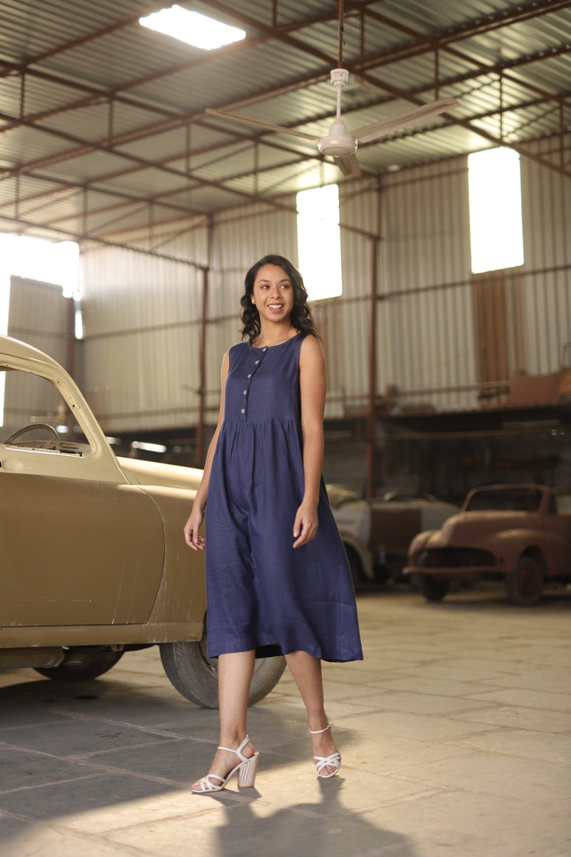 Navy button front gathered midi in washed linen, photographed in Jaipur