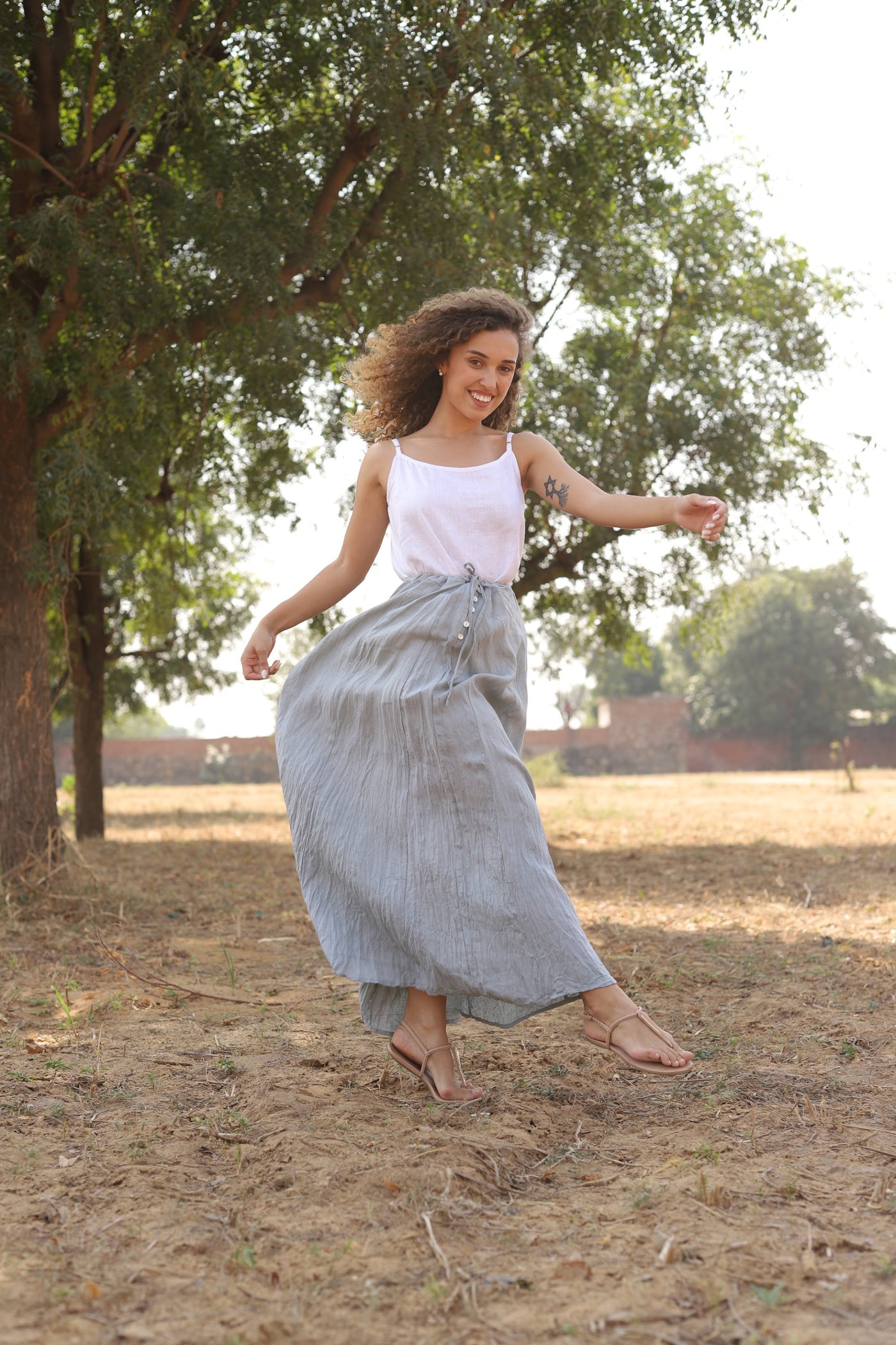 Chambray wrap linen maxi skirt in washed linen, photographed in Jaipur